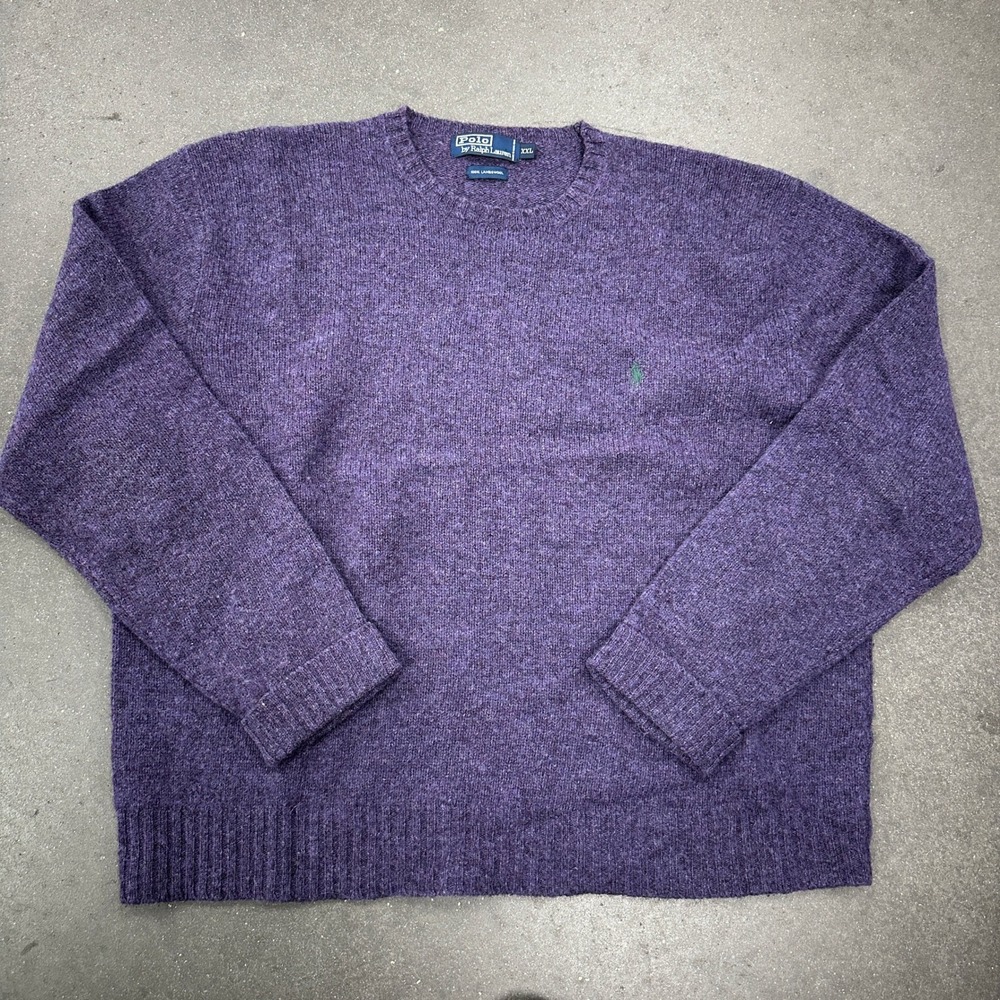 VTG 80s Polo Ralph Lauren Purple Lambswool Crewneck Sweater Green Pony Sz XXL